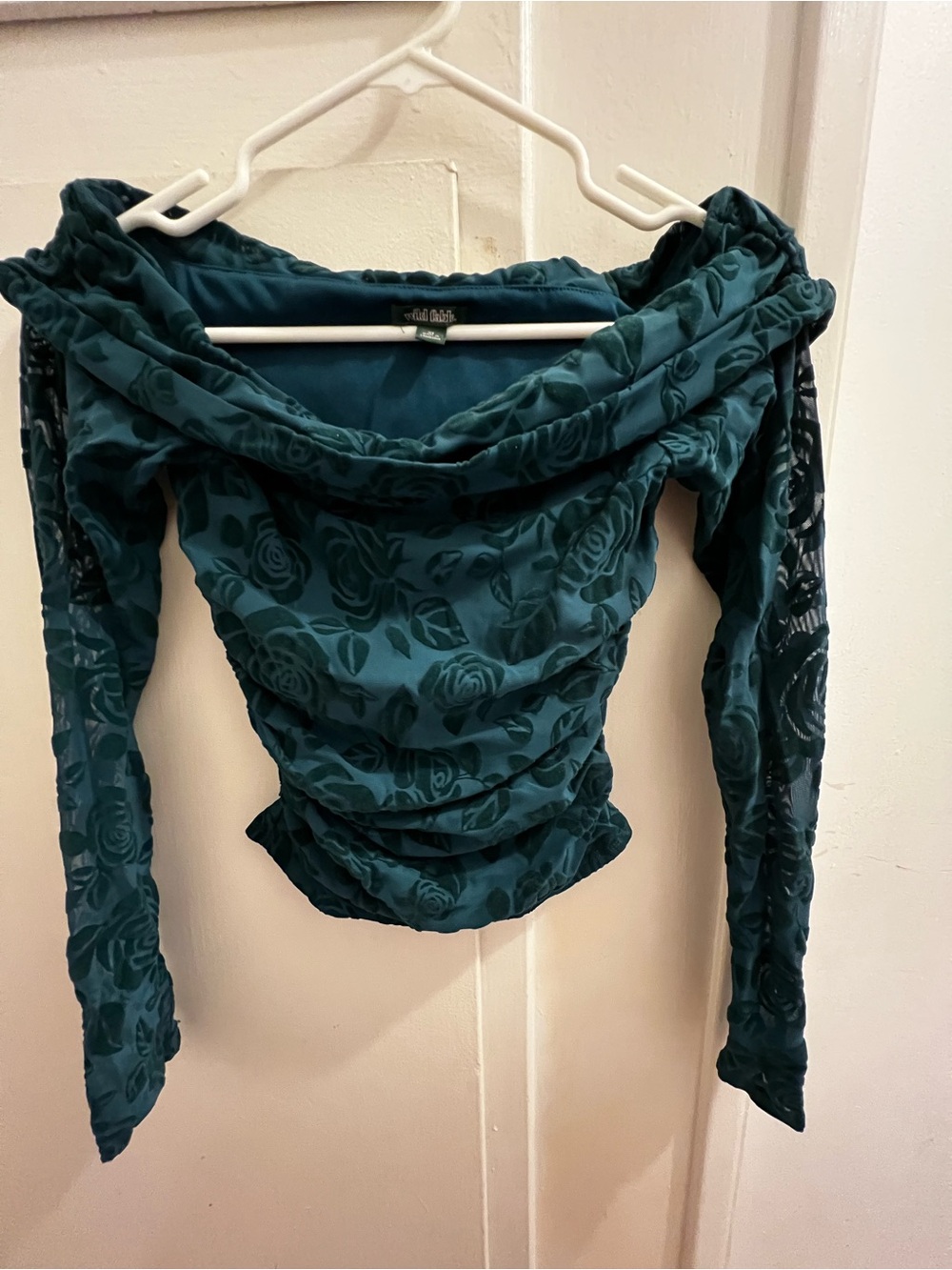 wild fable Teal Floral Velvet Off-Shoulder Ruched Crop Top